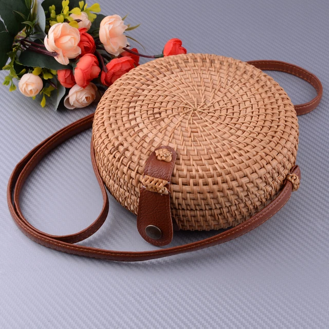 Bohemia Boho Rattan Straw Beach Bag Hand Woven Round Crossbody Purse Handbag 1