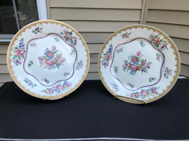 Pair of Sensational Chinese Export Hand Painted Gold Trim Floral Plates 9 1/2"