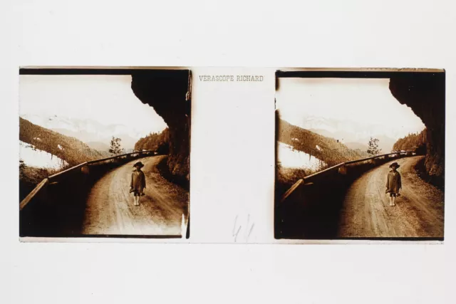 Montagne Fillette Photo Amateur Plaque de verre Stereo Vintage