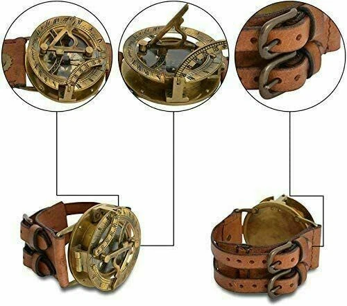 Antik Nautisch Steampunk Sonnenuhr Kompass Handgelenk Uhr W / Leder Armband