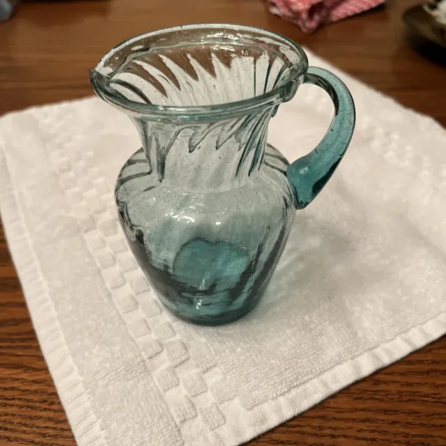 Vintage Hand Blown Glass Creamer Pitcher blue glass 5”