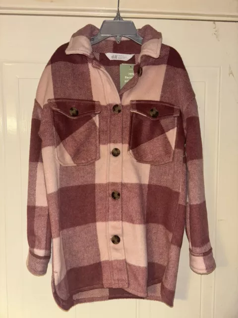 H&M Girls Pink Checked Long Shacket Shirt Jacket 7-8 Years