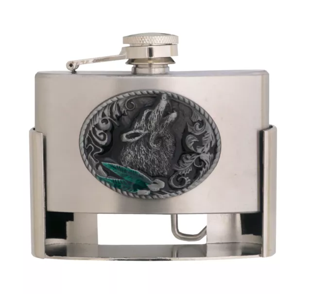 Gürtelschnalle Buckle mit Taschenflasche Flachmann Heulender Wolf