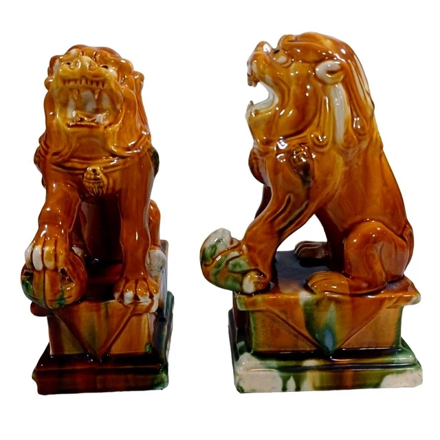Vtg Chalkware Lion Foo Dog Drip Glaze Majolica Pottery Bookends Sculpture Statue