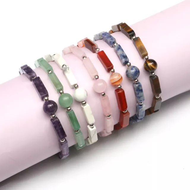 Natural Crystal Quartz 8mm Gemstone Bead Link Bracelet Stretchable Elastic Chain