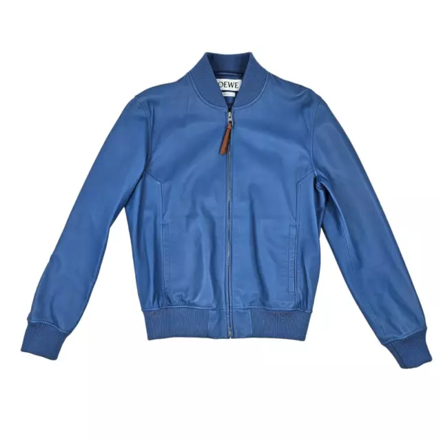 Loewe Mens Blue 100% Leather Bomber Jacket Size 48