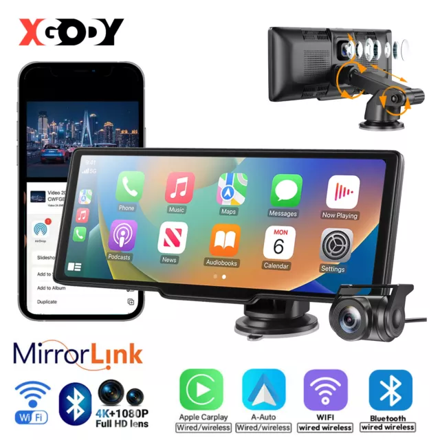 4K 10.26'' Touch Dash Cam Wireless CarPlay Dual Lens Car Recorder Android Auto