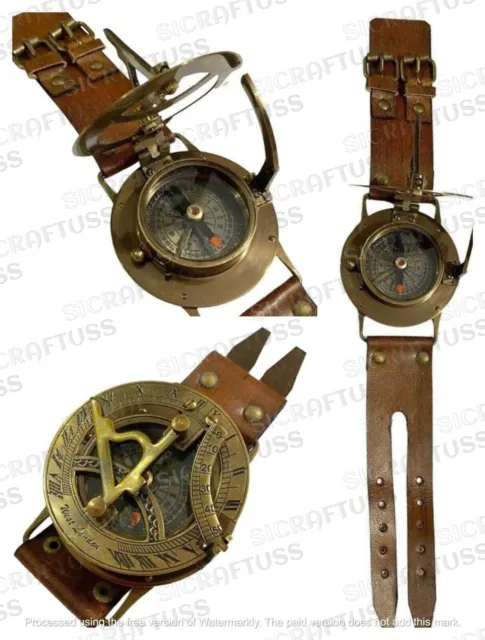 Antique Old Style WWII Military Wrist Brass Sundial Compass Watch.
