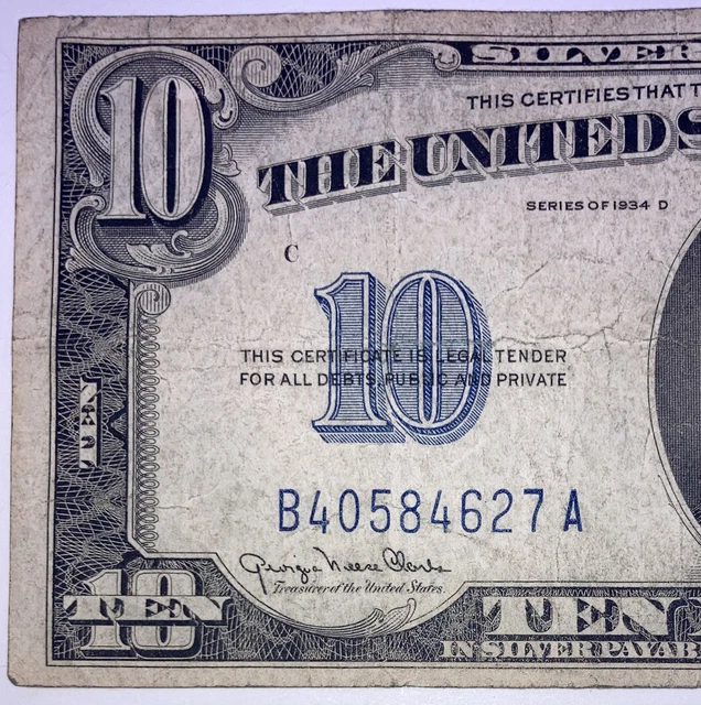 1934 ($10) Ten Dollar Blue Seal Silver Certificate
