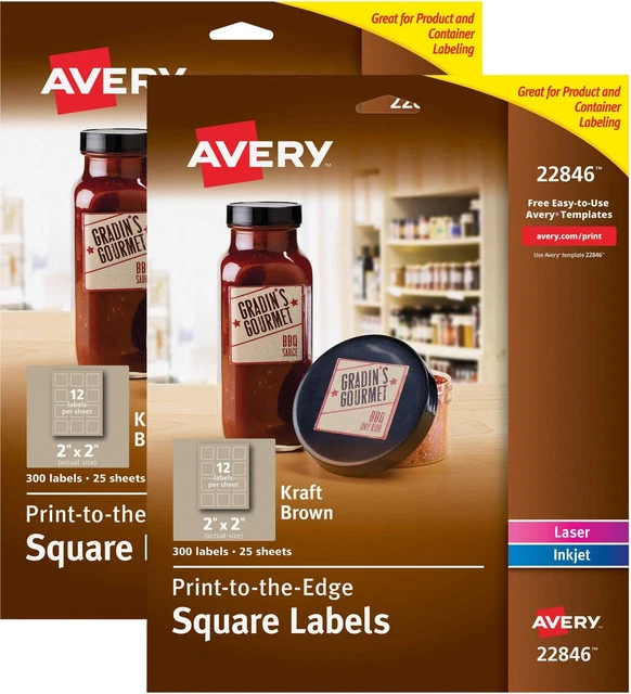 Avery Square Labels for Laser & Inkjet Printers, 2" x 2", 300 Kraft Brown Lab...