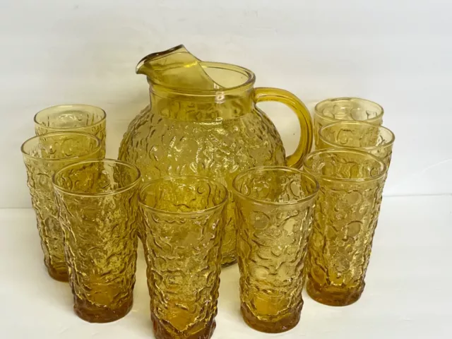 Anchor Hocking Lido Milano Amber Honey Gold Crinkle Glass Ball Pitcher 8 Glasses