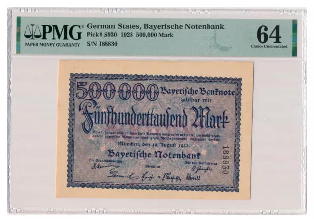 GERMAN STATES (BAVARIA) banknote 500.000 Mark 1923 PMG MS 64 Choice Uncirculated