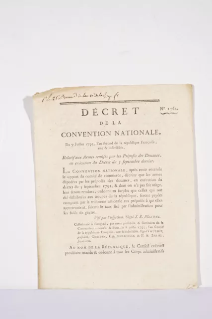 Décret Convention Nationale 1793 rel Armes remises par les Préposés des Douanes