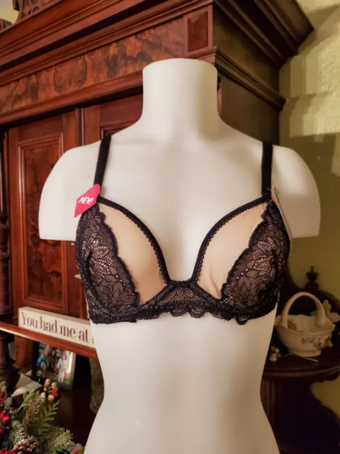 Lily Of France Bra 34C Semi Sheer Black/Tan Nwt