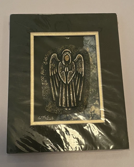 Angel Gold & Silver Metal Art Work Matted Green Gold Signed Ci Stephens 8.5"x10