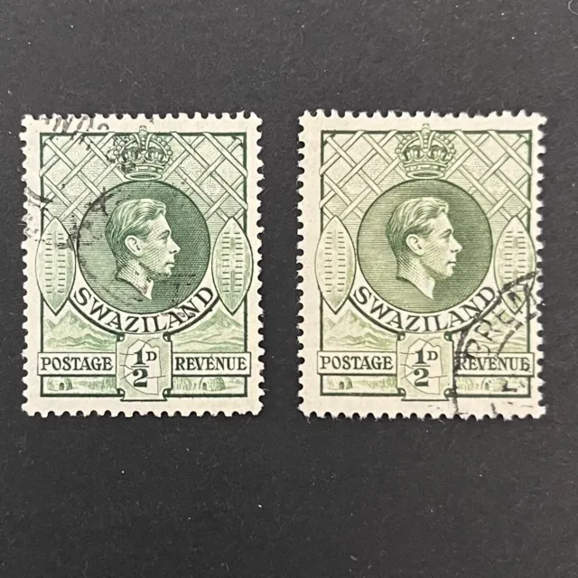 Swaziland 1938; SG28a/SG28b; perf 13.5x14; 1/2d. green/bronze-green; good used.