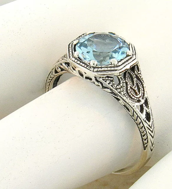Art Deco Style Genuine Sky Blue Topaz 925 Sterling Silver Filigree Ring     882X