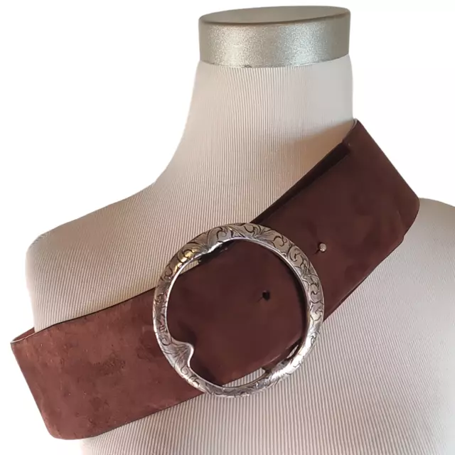 RALPH LAUREN COLLECTION Brown Suede Etched Silver O-Ring Buckle Wide Belt RUNWAY