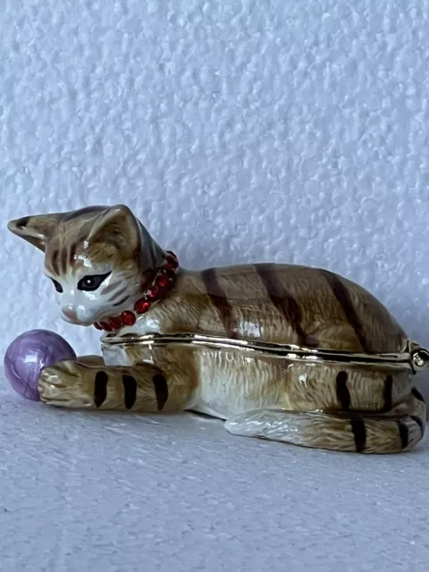 Cat Playing Ball Trinket Box. Hand Made Swarovski Crystals & Enamel Brown