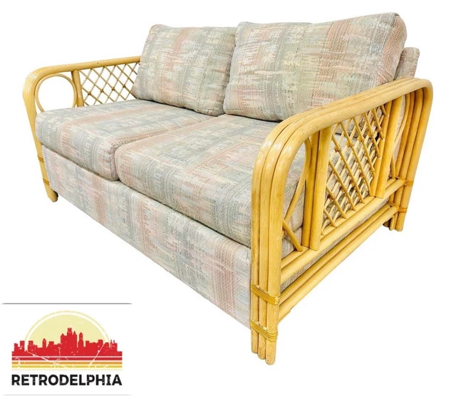 Vintage Boho Chic Upholstered Wicker Loveseat