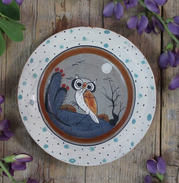 Plate Wise Old Owl Hand Painted Sm Sz Burnished by Medrano Mexican Folk Art