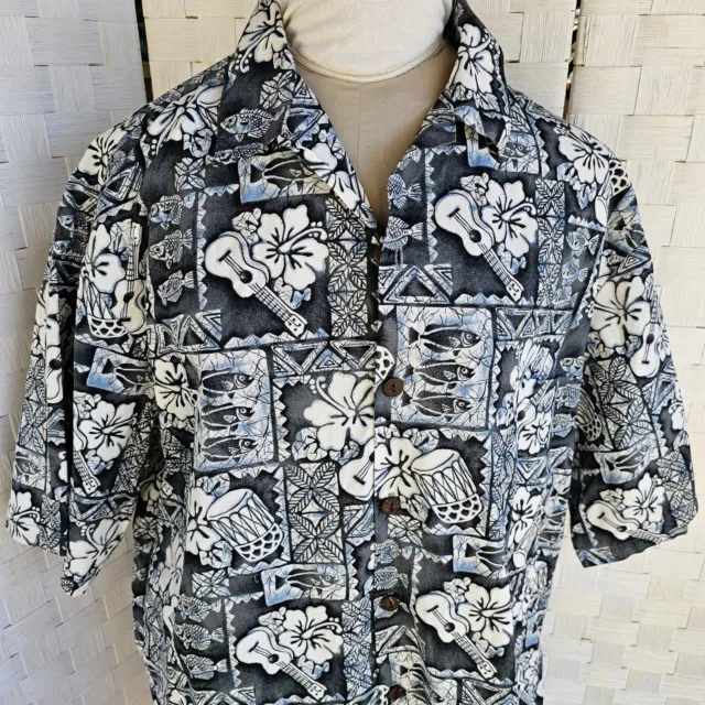 Vintage Hilo Hattie Hawaiian Shirt xl Blue White Ukulele Floral
