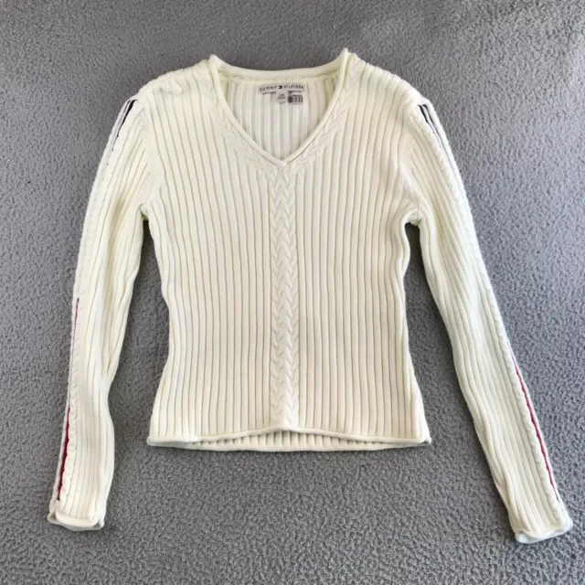 Tommy Hilfiger Sweater Women's Large White Pullover Cable Knit V-Neck Cotton