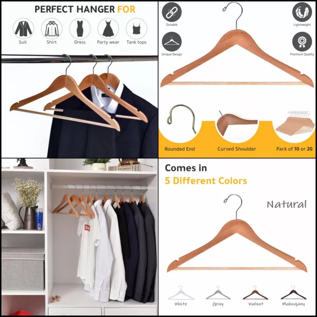 10 Wide Shoulder Wood Suit Hangers - Clothes Coats Jackets Dress Pants