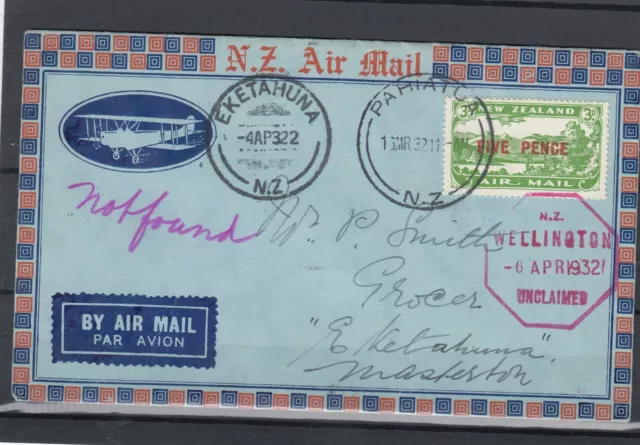 Nueva Zelanda 1932 Cubierta de correo aéreo a Masterton Historia no encontrada/no reclamada JK3669