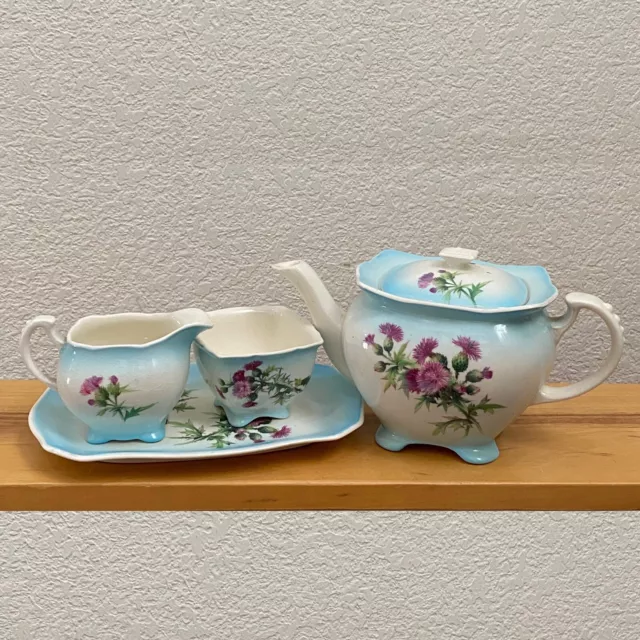 Vintage Royal Winton Grimwades England Blue Thistle Teapot Sugar Creamer TraySet