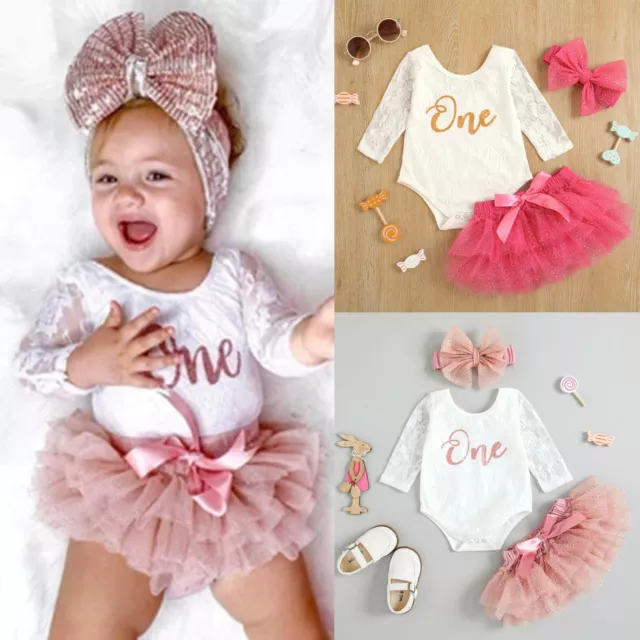 Baby Girl 1st Birthday Outfit Party ONE Print Romper Cake Smash Tutu Dress Set