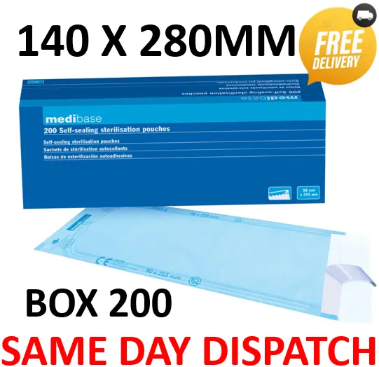 Sterilisation Pouches 140X280Mm Self Seal Autoclave Box 200 Dental/Tattoo/Clinic