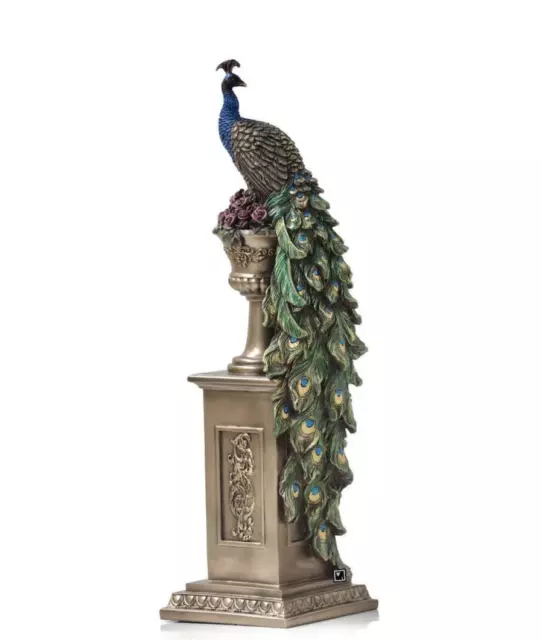 13 Inches Art Nouveau Peacock Statue. Peacock Perching on Column and Vase Sculpt