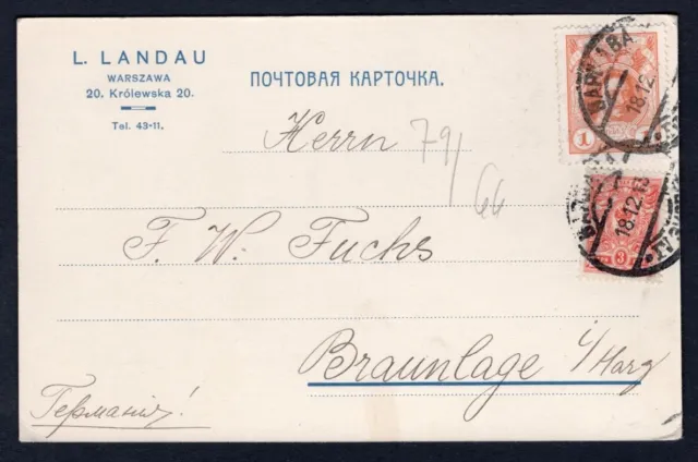 POLAND Warsaw 1913 Postcard to Germany. L. Landau, Krolewska Street