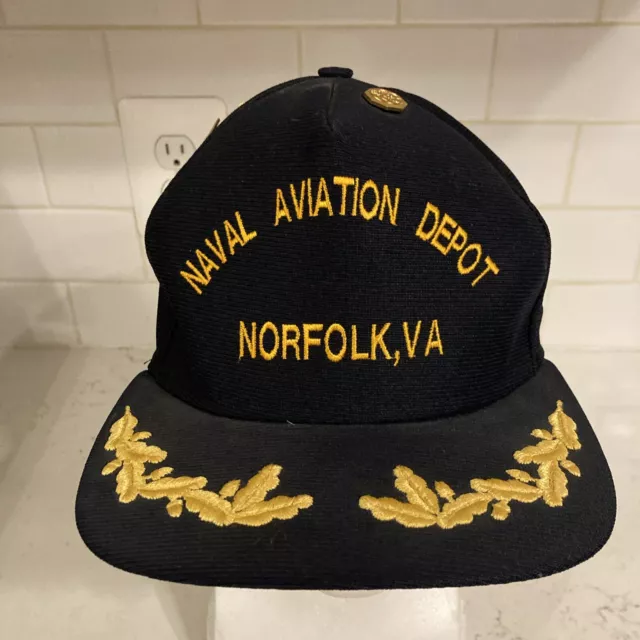 Vtg Military Naval Aviation Depot Norfolk VA Laurel Blue Snapback Hat Cap Pins