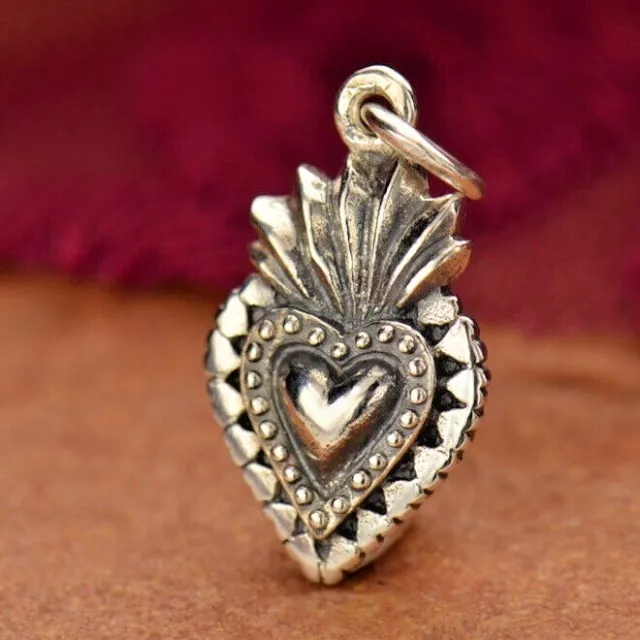 Sacred Heart Necklace Catholic Sterling Silver Charm Faith Christian Symbol 1076