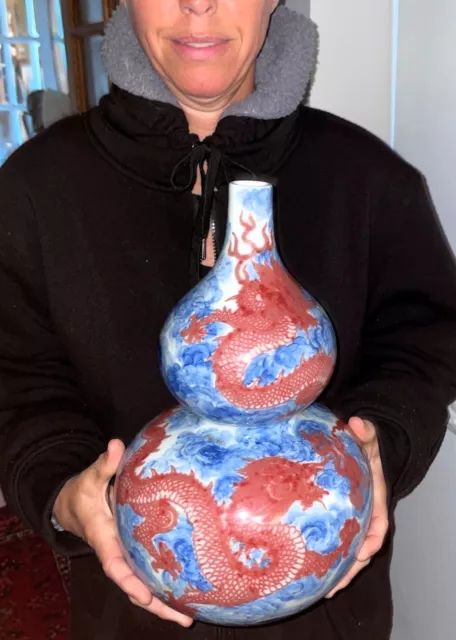 CHINESE DOUBLE GOURD VASE with BLUE & RED UNDERGLAZE DRAGON Qianlong Seal Mark