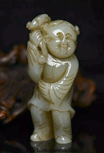 3.2" Chind Natural Hetian Jade Nephrite Fengshui Ruyi Tongzi Boy Statue Pendant