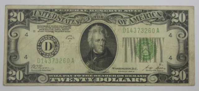 Series 1928-B Light Green Seal $20 FRN D District Cleveland, OH FINE+ Fr#2052-D