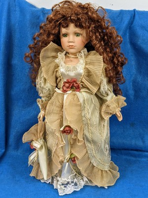 Beautiful and Dainty 17" Porcelain Emerald Doll Collection with Parasol & Stand
