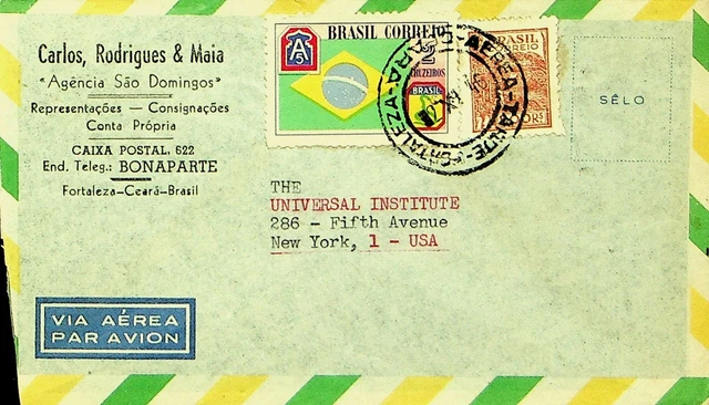 SEPHIL BRAZIL 1946 POST WWII 2v AIRMAIL COVER FROM FORTALEZA TO NEW YORK USA