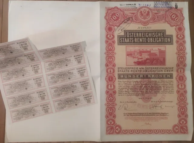 Austria 1911 Wien Staats Rente Obligation 100 Kronen Coupons Bond Loan Share