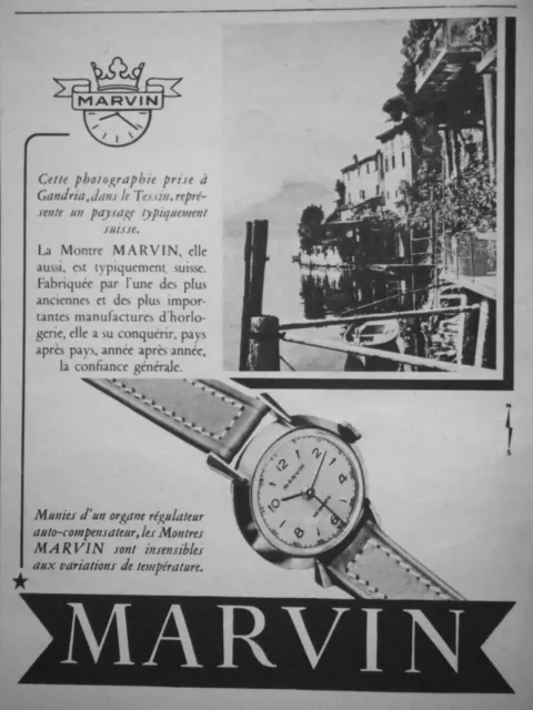 Publicité De Presse 1951 La Montre Marvin Vue De Gandria Dans Le Tessin Suisse
