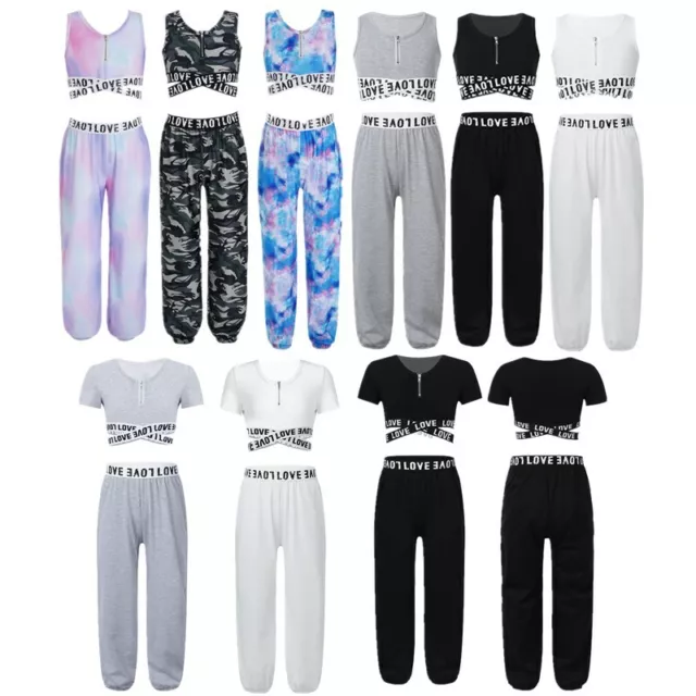 Kids Girls Sports Tracksuit Outfits Crop Tops Trousers Set Gymnastics Dance Wear