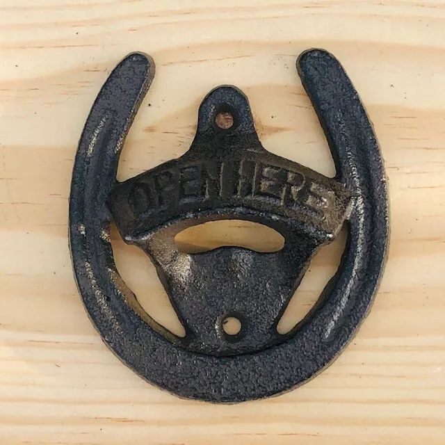 Cast Iron HORSESHOE Bottle Opener Wall Mount Bar Open Here Barware Beer Soda Pop