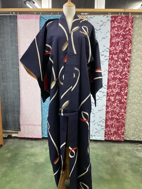 H&A Vintage Japanese KIMONO Dress cardigan Blue Yukata from Japan women Men