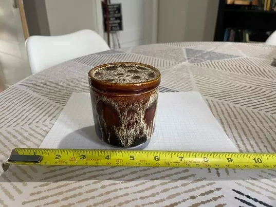 Fosters Pottery, brown glaze jam/sugar pot with lid. 4"tall -  3"diameter.