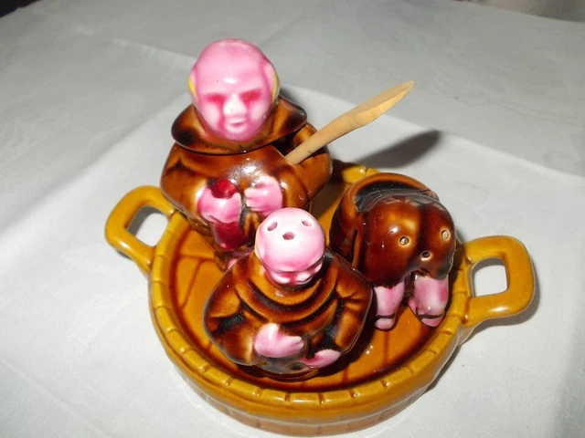 Set Salière, Poivrière Et Moutardier Vallauris Signé A. Ferlay - Céramique Moines - Vintage