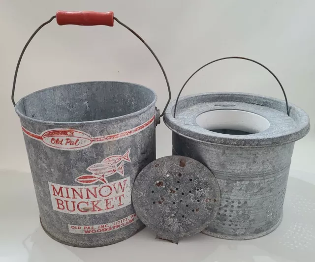 OLD PAL GALVANIZED Floating Minnow Bucket With Wooden Handle