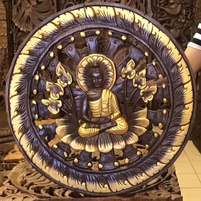 Hand Carved Wood Buddha Statue Wall Hanging Panel Golden Brown Home Decor